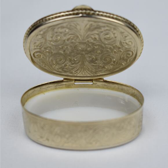 Vintage mini Italian gold tone oval pill box porcelain floral lid Made in Italy - Picture 4 of 9